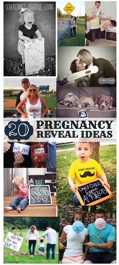 some pictures with the words pregancy reveal ideas written on them and people holding signs