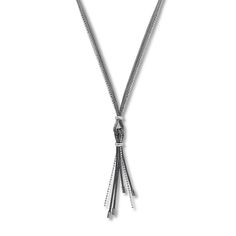 This chic necklace features a tassel of mesh and beaded textured sterling silver chains accented in black ruthenium and white rhodium. The center sways from a 16.5-inch black beaded chain that secures with a lobster clasp. Elegant Metal Tassel Necklace, Chic Silver Multi-strand Necklaces, Chic Multi-strand Silver Necklaces, Chic Silver Necklace With Box Chain, Silver Metal Tassel Necklace With Adjustable Chain, Silver Tassel Necklace With Adjustable Chain, Elegant Silver Metal Tassel Necklace, Modern Multi-strand Silver Necklace, Elegant Multi-strand Chain Necklace With Box Chain