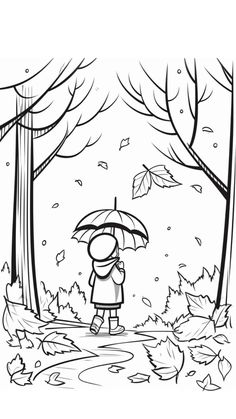 a black and white drawing of a person holding an umbrella in the woods with leaves