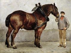 a painting of a man standing next to a brown horse with a saddle on it's back