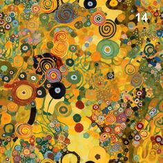 an abstract painting with lots of circles and flowers on the bottom right side of it