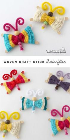 three different pictures of colorful yarn and wooden pegs with the words woven craft stick butterflies