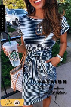 Short Sleeve Pinstripe Round Neck Casual Wear Mini Dress (2 Colors) P14773 Dresses By Length, The Signs, Hip Length, Stripes Design, Women's Fashion Dresses, Knee Length, Love This, Casual Wear, Types Of Sleeves