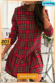 Fashion Casual Plaid Split Joint Mandarin Collar Princess Dresses Princess Dress Red, Casual Tunic Dress, Red Plaid Dress, Casual Tunics, Princess Dresses, Long Sleeve Casual Dress, Vestido Casual, Long Sleeve Plaid, Trend Fashion