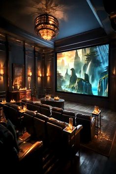 a large screen in the middle of a room filled with couches and candles on tables