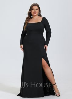 Sheath/Column Square Sweep Train Jersey Evening Dress (017254995) - JJ's House Long Sleeve Maxi Dress With Side Slits For Evening, Fitted Dress With Split Hem For Formal Occasions, Fitted Formal Dress With Split Hem, Formal Fitted Maxi Dress With Split Hem, Prom Dresses Long Black, Dress Black Long Sleeve, Jersey Evening Dress, Prom Dress Black, Square Neck Dress