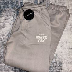 Color: Moon Size: Large White Fox Set Aesthetic, Winter White Bottoms With Letter Print, White Fox Sweatpants, White Fox Aesthetic, Aesthetic Closet, Light Grey Leggings, Terry Cloth Romper, Boutique Pants, Athleisure Casual