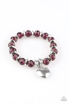 Sparkling purple crystal-like beads and shimmery silver accents are threaded along a stretchy band. An oversized silver heart charm swings from the wrist for a whimsical finish. Sold as one individual bracelet. #P9WH-PRXX-167XX Purple Bracelet, Paparazzi Accessories, Stretchy Bracelets, Hair Accessories Jewelry, Purple Crystals, Paparazzi Jewelry, Bracelet Collection, Silver Accents, Crystal Heart