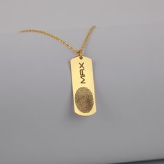 "Actual Fingerprint Necklace in Sterling Silver is made by hand in our workshop with care. All our jewelry is the most elegant choice for the Bridesmaids, friends, your loved ones and for yourself. Actual Fingerprint Necklace in Sterling Silver * Material: High Quality Solid 925 Sterling Silver. * Finish: Sterling Silver ∙ Gold ∙ Rose Gold. * All our jewelry is custom made by hand with care in our workshop.  HOW TO ORDER ❓ * Select your necklace COLOR and ENGRAVE SIDES (Messages can be engraved Father's Day Engraved Keepsake Jewelry, Father's Day Keepsake Engraved Jewelry, Gold Hand Stamped Dog Tag Jewelry, Hand Stamped Gold Dog Tag Jewelry, Engraved Jewelry For Father's Day Memorial, Laser Engraved Rectangular Pendant Jewelry For Personalized Gift, Engraved Dog Tag Jewelry Keepsake, Rectangular Laser Engraved Pendant For Personalized Gift, Laser Engraved Rectangular Pendant For Personalized Gift