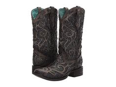 Corral Boots C3484 - Women's Boots : Black : Give yourself a reason to dress up with the western inspired Corral Boots C3484 boots. Western boots crafted in smooth leather. Intricate leather overlays with decorative crystals. Sturdy leather pull-tabs for easy on-and-off. Comfortable leather lining. Cushioned leather insole for lasting comfort. Snip toe with a stacked heel. Scoured leather outsole with rubber heel cap for traction. Imported. Measurements: Heel Height: 1 1 2 in Weight: 1 lb 10 oz