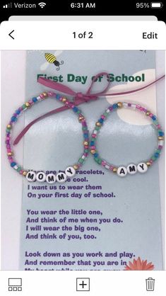 First day of school personalized multi color bracelets made with 6/0 seed beads and alphabet beads- Back to school- Mommy and Me Beads are lined and are not water-proof. Comes on a sweet card with the saying -First Day of School Playful Beaded Jewelry For Mother's Day, Multicolor Beaded Jewelry For Mother's Day, Personalized Multicolor Bracelets For School, Personalized Multicolor Jewelry For Teacher Appreciation, Multicolor Adjustable Jewelry For Teacher Appreciation, Playful Multicolor Jewelry For Mother's Day, Cute Mother's Day Jewelry With Letter Beads, Multicolor Round Beads Jewelry For Mother's Day, Personalized Multicolor Beaded Bracelets For School