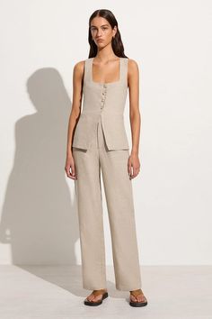 The Isotta Pants offer a fitted high-rise waist, straight leg shape, zip fly and front tucks for a tailored look. Crafted from 100% natural and responsibly sourced linen, the Isotta is a timeless wardrobe essential. Pair it with the Maya Vest for a matching tailored set. Restock arriving in early January 2024. Select your size and sign up with your email below to be notified first. Matching Vest And Pants Outfit, Deep Autumn, Vest Style, Timeless Wardrobe, Maxi Dress Sale, January 2024, Faithfull The Brand, Linen Style, Vest Fashion