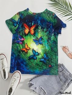 Olivia Mark - Butterfly Print Graphic T-Shirt, Short Sleeve Crew Neck Casual Top For Summer & Spring, Women's Clothing Spring Random Print Short Sleeve Tops, Multicolor Random Print Top With Short Sleeves, Cotton Short Sleeve Tops With Random Print, Blue Butterfly Print T-shirt For Summer, Blue Butterfly Print T-shirt For Spring, Multicolor Short Sleeve Top With Letter Print, Green All Over Print T-shirt For Spring, Multicolor Letter Print Short Sleeve Tops, Green T-shirt With All Over Print For Spring