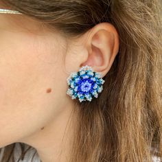 Stud earrings, Beaded Flower earrings Huichol Earrings, Mexican Folk Art, Seed Bead Earrings, Native American Earrings, Fringe Earrings, Mexican Earrings, Huichol Flower, Native American Jewellery, statement Pieces, - MATERIALS - Made using a traditional freehand beading technique with strong synthetic thread, high-quality Czech beads and stainless steel ear studs white gold ptd. - Created in a pet-free and smoke-free home -  - PLEACE NOTE that the colors may slightly vary depending on each individual computer monitor display! that due to the handmade nature of each item, there may be slight variations from the photo! Thank you! Handmade Blue Cluster Earrings For Gift, Bead Cap Drop Earrings As Gift, Bead Caps Drop Earrings As Gift, Bead Cap Drop Earrings For Gift, Flower Shaped Beaded Earrings For Jewelry Making, Blue Beaded Clip-on Earrings Gift, Beaded Flower Earrings, Huichol Earrings, Native American Jewellery