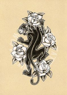 a black and white drawing of a lizard with roses on it's back side