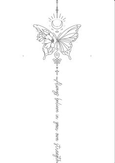 a drawing of a butterfly with writing on it's wings and the moon above it