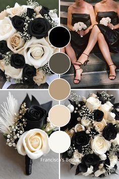 the bride's bouquet is made up of black and white flowers