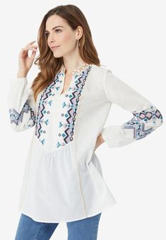 Breezy boho style and enchanting embroidery come together in this beautiful blouse. Boasting an intricately embroidered front bib, this unlined top features Bohemian V-neck Blouse With Embroidered Hem, Bohemian Peasant Top With Embroidered Neckline, Folk Style V-neck Blouse With Embroidered Neckline, Peasant Style Embroidered Top With Geometric Embroidery For Spring, Peasant V-neck Blouse With Floral Embroidery, Peasant Blouse With Floral Embroidery And V-neck, Spring Folk Peasant Top With V-neck, Bohemian V-neck Top With Embroidered Sleeves, Folk Style V-neck Peasant Top For Spring