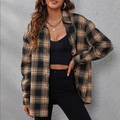 Flannel Brown Plaid Oversized Look S 4 M 6 L 8/10 Xl 12 Drop Shoulder Shirt, Flannel Outfits, Preppy Casual, Top Shirt Women, Women Blouses, Plaid Flannel Shirt, Plaid Print, Blouse Styles, Plaid Flannel