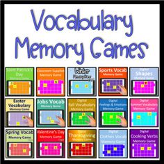 a poster with words and pictures on it that say,'vocaular memory games '