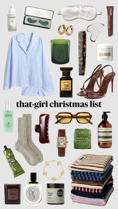 an assortment of women's clothing and accessories with the words that girl christmas list