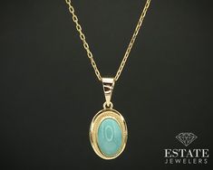 Beautiful pendant necklace featuring a 12mm by 7.5mm turquoise bezel set. Pendant measures 1"L including bail. 1.5mm cable chain measures 20"L. Chain and pendant stamped 750. Elegant Gold Turquoise Necklace With Oval Pendant, Elegant Yellow Gold Turquoise Necklace With Cabochon, Elegant Yellow Gold Turquoise Cabochon Necklace, Formal Oval Turquoise Necklaces, Formal Turquoise Oval Necklaces, Yellow Gold Oval Turquoise Necklace Gift, Oval Turquoise Necklace In Yellow Gold As Gift, Oval Yellow Gold Turquoise Necklace As Gift, Necklace Stack