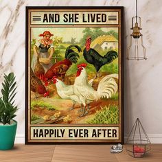 an old poster with chickens and women on the farm saying happy ever after framed in wood frame