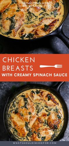 This is the best (and easy) recipe for chicken breasts cooked in a creamy spinach sauce. Comfort food cooked up in a cast iron skillet perfect for a busy weeknight meal. #fordinner #dinnerrecipe #chickenrecipes #easyrecipes #castiron #spinach Cast Iron Skillet Recipes Chicken, Cast Iron Recipes Dinner, Cast Iron Skillet Recipes Dinner, Creamy Spinach Sauce, Spinach Sauce, Cast Iron Skillet Cooking, Cast Iron Chicken, Skillet Dinner Recipes, Iron Skillet Recipes