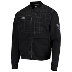 Make the essential black jacket more interesting with this Playoff Pack full-zip design from adidas. It features an understated Washington Huskies logo and a geometric abstract pattern all over the front and back. Patch pockets also keep personal items easily accessible. Brand: adidas Full-zip Heat-sealed branded fabric applique Imported Lightweight jacket suitable for mild temperatures Long sleeve Machine wash, tumble dry low Material: 87% Recycled Polyester/13% Spandex  Sleeve; 88% Recycled Po Sporty Outerwear With Graphic Print For Sports, Fall Sports Track Jacket With Graphic Print, Casual Black Track Jacket With Graphic Print, Black Track Jacket With Graphic Print For Fall, Sporty Fall Track Jacket With Graphic Print, Black Graphic Print Track Jacket For Fall, Functional Black Track Jacket With Zipper, Functional Black Track Jacket With Zipper Closure, Black Functional Track Jacket With Zipper