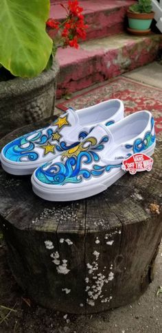 CUSTOM Vans Slip on Sneakers - Etsy Custom Vans Slip On, Sharpie Tie Dye, Drawing On Canvas, Creative Clothing, Hand Painted Denim Jacket, Denim Art, Painted Denim Jacket, Painted Denim, Sneakers Athletic