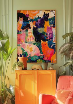 an orange chair in front of a painting with cats on it's sideboard