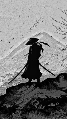 a black and white image of a person with an umbrella walking up a hill in the snow