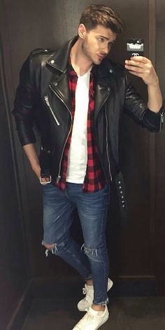 Mens Street Fashion, Fall Leather Jacket, Red Checked Shirt, Guy Outfits, Leather Jacket Outfit Men, Leather Jackets For Men, Boots Outfit Men, Jacket With Hoodie, Fall Leather