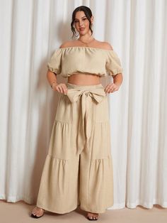 Plus Size Women Vacation Solid Color Off-Shoulder Cropped Blouse With Wide Leg Pants Loose Casual 2 Piece Set Apricot Casual    Plain  Non-Stretch  Women Plus Clothing, size features are:Bust: ,Length: ,Sleeve Length: Blouse With Wide Leg Pants, Women Vacation, Blouse Crop, Boho Halloween, Cropped Blouse, Pants Loose, Retro Hairstyles, Shirt Dress Style, Fashion 2024