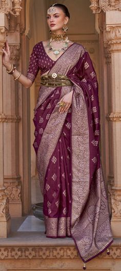 Red and Maroon color Saree in Banarasi Silk, Silk fabric with Weaving work Maroon Silk Saree, Broad Border Saree, Contemporary Saree, Burgundy Weave, Gota Patti Saree, Formal Saree, Grey Saree, Purple Saree, Party Sarees