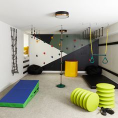 ninja gym, monkey bars, inside swing, kids space, playroom, climbing wall, black white and green, basement renovation, vintage modern, old home renovation, cool basement ideas Gym At Home Ideas, Kids Playroom Basement, Climbing Wall Kids, Indoor Playroom, Hangout Room, Chicago Interior Design, Basement Playroom, Basement Gym, Boys Playroom