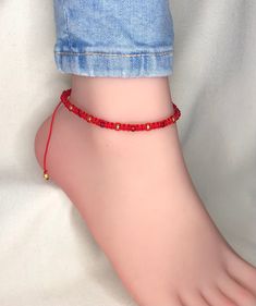 Materials: * Rocaille Miyuki beads: red and gold - 3 mm * Nylon cord: red - 0.8 mm Anklet size can be ordered in: * 18 cm * 20 cm * 22 cm * 24 cm * 26 cm The anklet can be enlarged by 8 cm using: a slip knot. Anklet For Women, Slip Knot, Beaded Anklet, Boho Macrame, Beaded Anklets, Miyuki Beads, Anklet Jewelry, Body Jewellery, Red And Gold