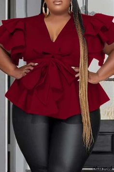 Olivia Mark - Burgundy V-Neck Patchwork Solid Top - Casual Style for Plus-Size Women Ankara Top Styles For Jeans, Latest Ankara Top Styles, Ankara Top Styles, Plus Size Tops For Women, Patchwork Top, Pleated Shirt, Women Blouses, Tunic Shirt, Turbans