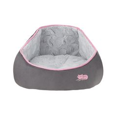 a gray and pink cat bed on a white background