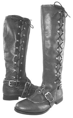 Leather Knee-high Moto Boots With Rivets, Leather Moto Boots With Grommets For Fall, Biker Leather Moto Boots With Rivets, Leather Biker Boots With Rivets, Biker Boots With Rivets In Leather, Biker Leather Boots With Rivets, Western Leather Knee-high Moto Boots, Western Style Leather Knee-high Moto Boots, Leather Knee-high Boots With Lacing