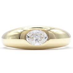 Elevate your style with our Oval Diamond Domed Bezel Ring. Crafted with a 1/2 carat oval diamond, set in a high polish 14k yellow gold domed band. Sleek and elegant, this ring is perfect for any modernist looking for a touch of luxury. Key Details: Metal Type: 14k Yellow Gold Primary Stone Type: Diamond - Lab Grown Primary Stone Size: 1 Oval Shape Stone, .50 CT Classic Oval Diamond Signet Ring, Classic Oval Dome Promise Ring, Classic Oval Dome Ring For Promise, Modern Oval Diamond Ring In Yellow Gold, Modern Oval Rings With Brilliant Cut, Formal Yellow Gold Oval Cabochon Diamond Ring, Oval White Gold Dome Ring With Brilliant Cut, Oval Brilliant Cut White Gold Dome Ring, Luxury Oval Solitaire Signet Ring