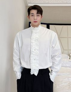 White Ruffled Long Sleeve Shirt | Leeknow - Stray Kids M Colored Trousers, Stray Kids Fashion, Long Sleeves Polo, Kpop Shirts, Fashion Chingu, Formal Parties, Ruffle Long Sleeve, Black Tie Dye, Ruffled Collar