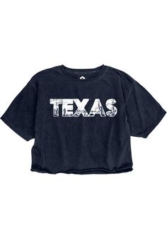 Let everyone know who you root for in this Texas Navy Blue Landscape Infill Short Sleeve T-Shirt! This Texas Local Stuff Shop Short Sleeve Tee features a screen print graphic. Short sleeve, Cropped length, Shorter hem with raw edge, Garment dyed, Screen print graphic, 100% COTTON RING SPUN, 1 Basic Tops With Text Print For Fan Merchandise, Basic Tops With Text Print For Fans, Grunge Tops With Letter Print For Fan Merchandise, Grunge Letter Print Tops Fan Merchandise, Blue Cotton Grunge Top, Blue Landscape, Navy Blue Shirts, Print Graphic, Navy Women