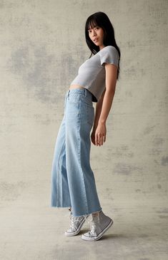 The Eco Light Blue Cropped Wide Leg Jeans from PacSun is a new classic you're gonna wanna cop now. These classic high-rise jeans get updated with a wide-leg fit for added comfort, a raw-cut hem, and a cropped length. 

Learn more about PacSun eco items Spring Cropped Leg Jeans, Spring Cropped Dark Wash Jeans, Everyday High Waist Cropped Jeans With Frayed Hem, Spring Wide Leg Non-stretch Cropped Jeans, Spring Non-stretch Wide Leg Cropped Jeans, Classic Blue Bottoms With Frayed Hem, Light Wash Cropped Denim Bottoms, Medium Wash Cropped Bottoms With Five Pockets, Non-stretch Denim Blue Cropped Jeans