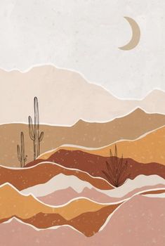 desert scene with cactus and moon in the sky