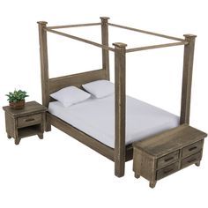 a wooden bed with white sheets and pillows