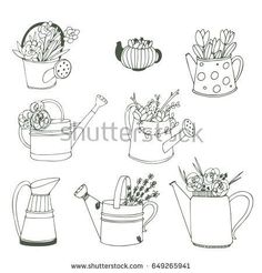 hand drawn watering can with flowers and plants on white background, set of outline drawings