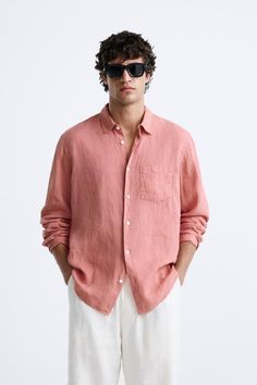 100% LINEN SHIRT - White / Gray | ZARA United States White Shirt Outfit Men Casual, Linen Polo Men, Pink Mens Outfit, Pink Outfits For Guys, Linen Shirt Outfit Men’s, Dressing Ideas For Men, Pink Outfit Men, Linen Outfit Men, Zara Men Outfits