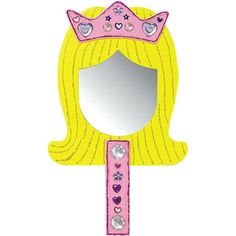 a pink mirror with a princess's hair and crown on it, sitting in front of a white background