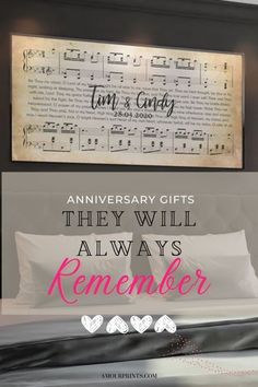 the anniversary gifts they will always remember are on display in front of a bed with sheet music